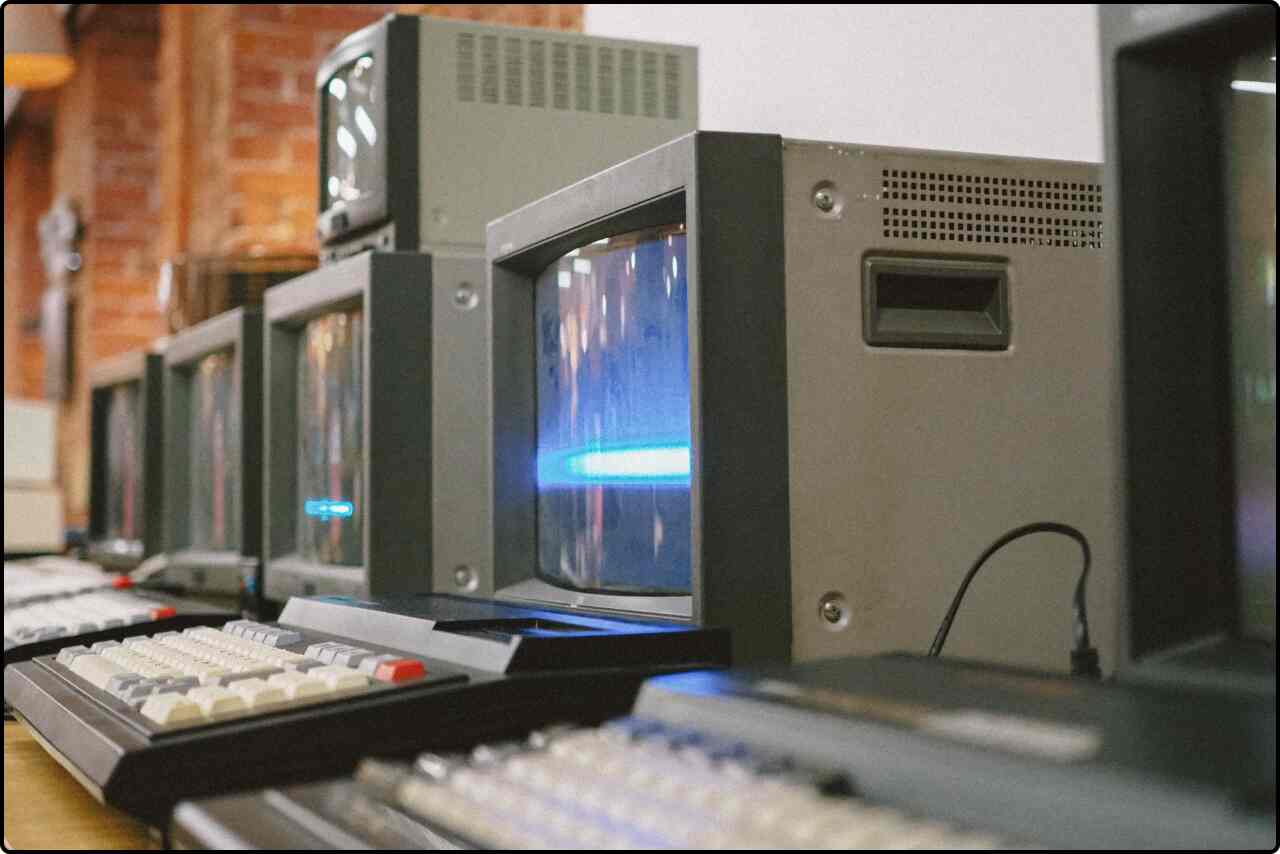 Close-up photo of vintage computers from the early computing era.